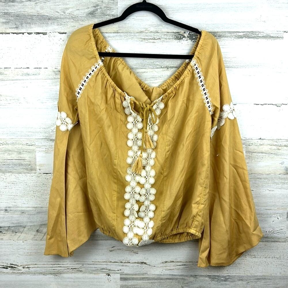 Mustard Boho Peasant Blouse with White Crochet Trim